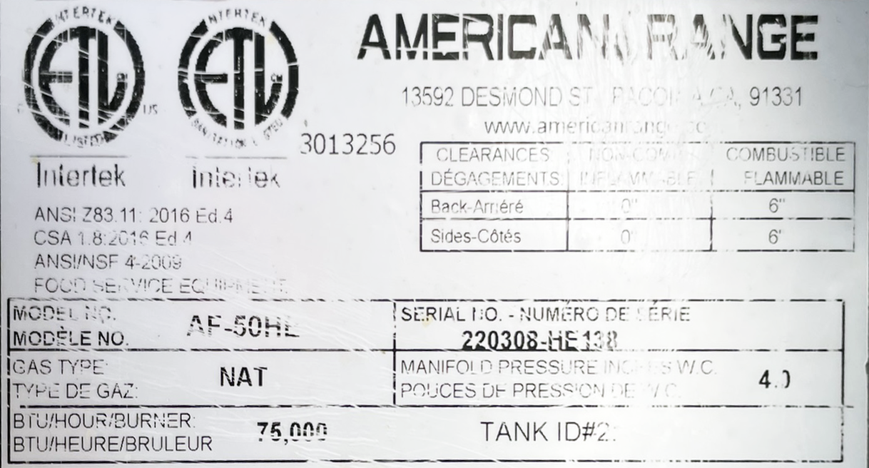 American Range (AF-50HE) 50lb. 200-400℉ Commercial Restaurant NAT Gas Fryer