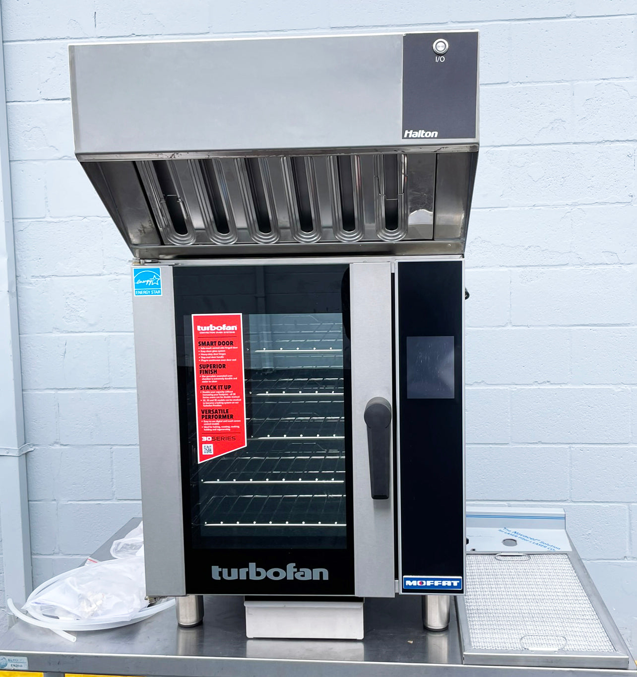 Moffat (E33T5) Single Deck Half-Size Touchscreen Electric Convection Baking Oven With Halton (VH32) Ventless Condensing Cooking Hood
