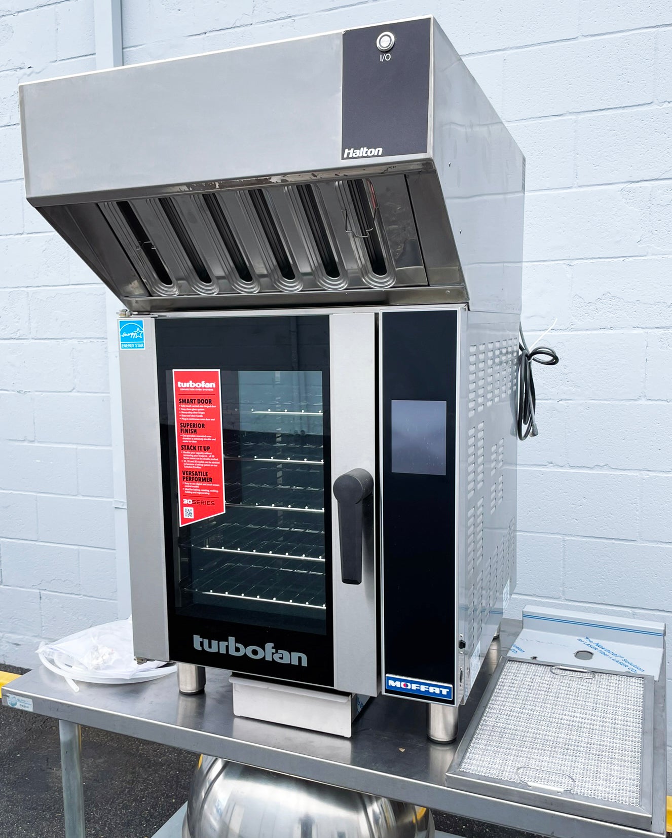 Moffat (E33T5) Single Deck Half-Size Touchscreen Electric Convection Baking Oven With Halton (VH32) Ventless Condensing Cooking Hood