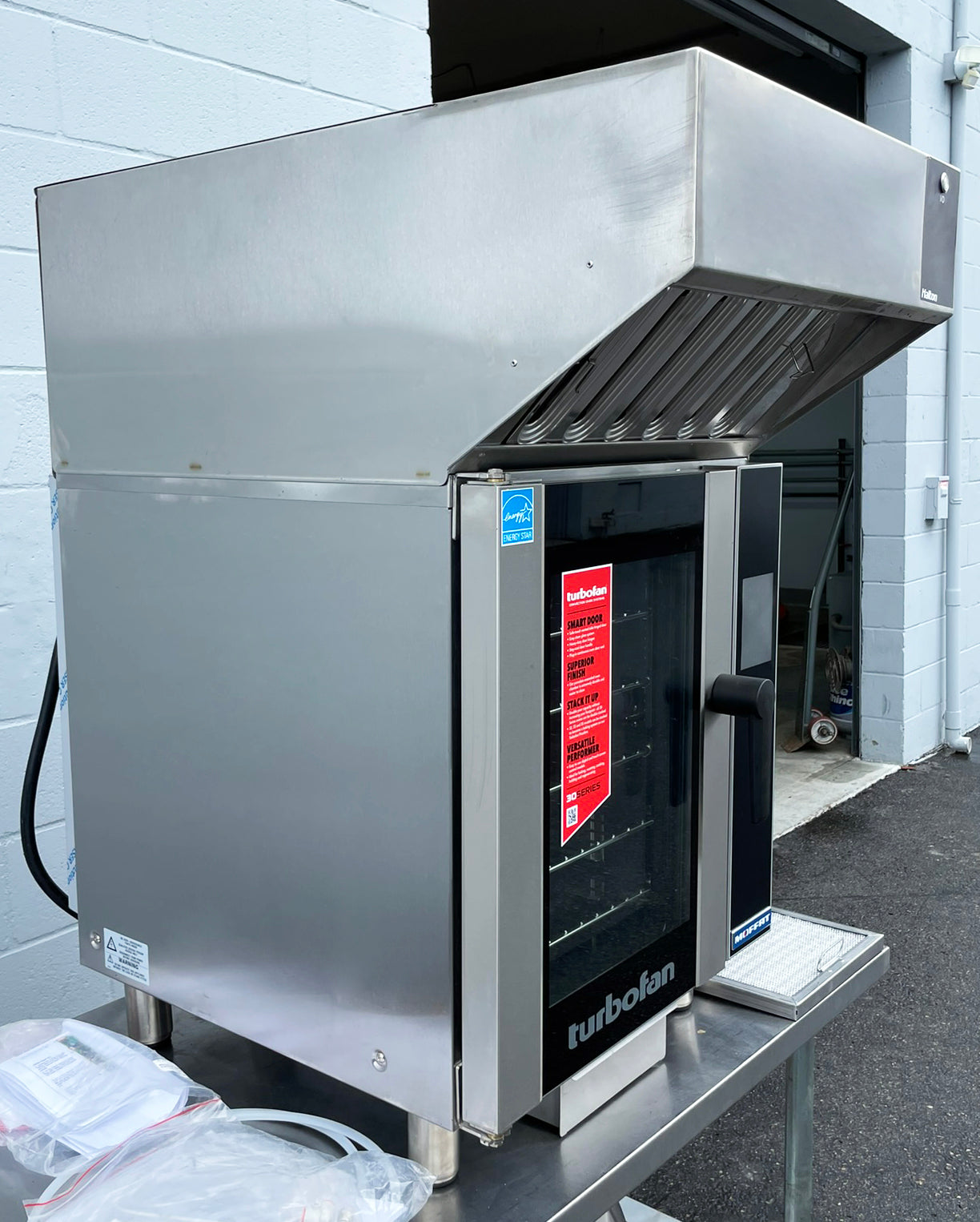 Moffat (E33T5) Single Deck Half-Size Touchscreen Electric Convection Baking Oven With Halton (VH32) Ventless Condensing Cooking Hood