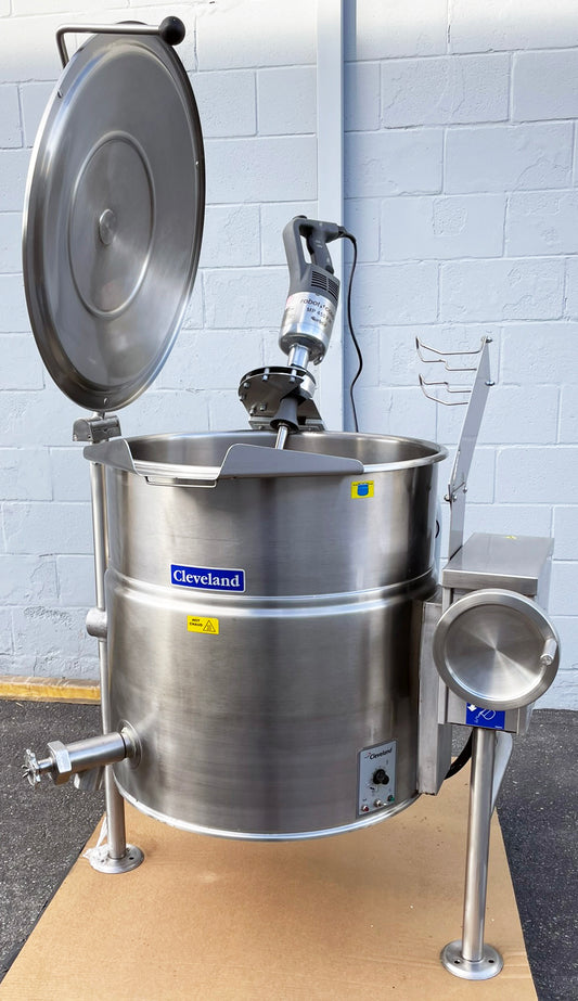 Cleveland KEL-40-T 40 Gallon 2/3 Steam Jacketed Electric Tilting Cooking Kettle WITH (2) Robot Coupe MP450 Immersion Blenders