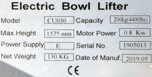 CU030 61″H Automatic Hydraulic Mobile Tilting Electric Bakery Mixing Bowl Lift