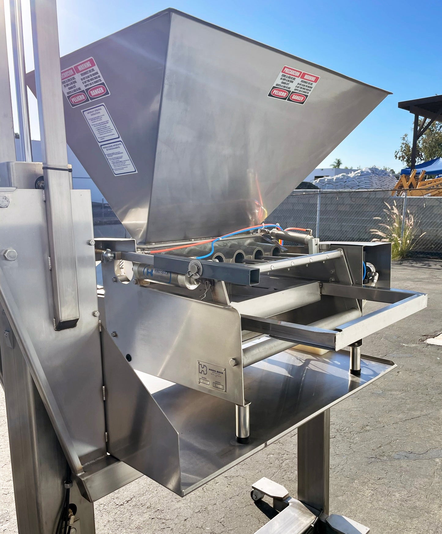 Hinds-Bock (5P-08WT) 5-Piston Tabletop Automatic Bakery Muffin Batter Depositor On Automatic Adjustable Height Stainless Steel Table