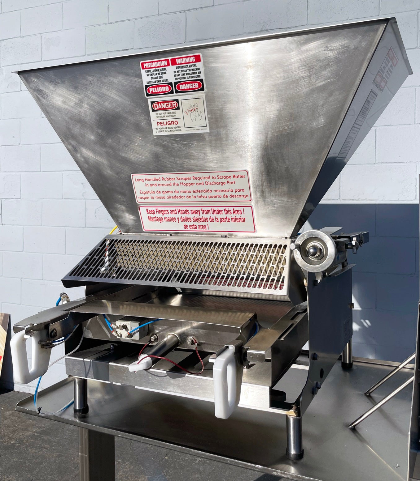Hinds-Bock (5P-08WT) 5-Piston Tabletop Automatic Bakery Muffin Batter Depositor On Automatic Adjustable Height Stainless Steel Table
