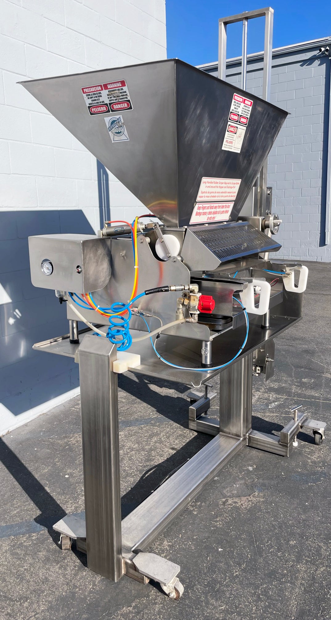 Hinds-Bock (5P-08WT) 5-Piston Tabletop Automatic Bakery Muffin Batter Depositor On Automatic Adjustable Height Stainless Steel Table