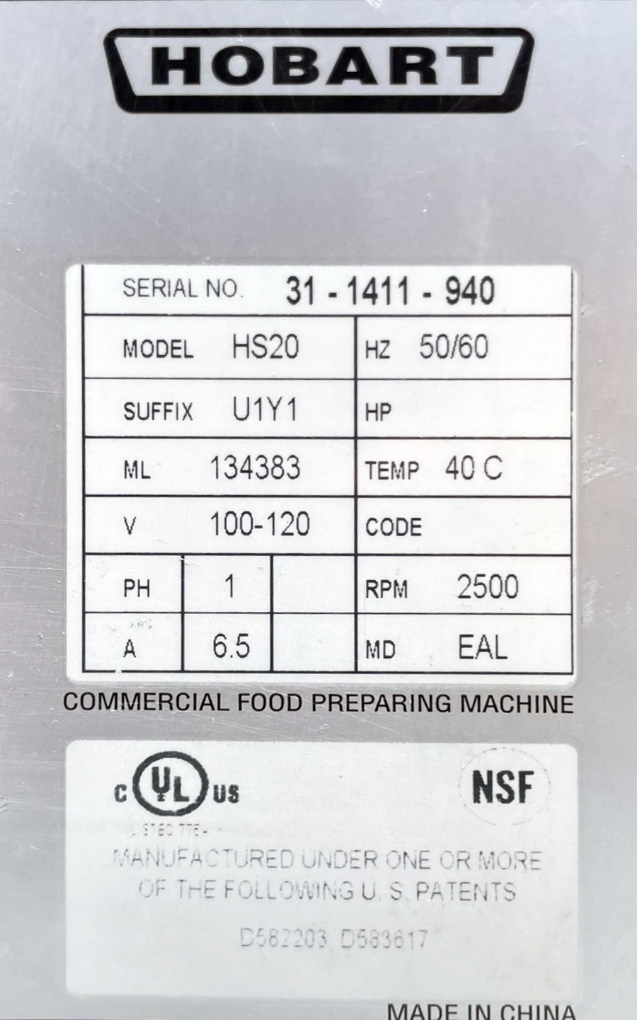 Hobart (HS20) 20 Quart 4 Speed Commercial Bakery Restaurant Dough Food Mixer