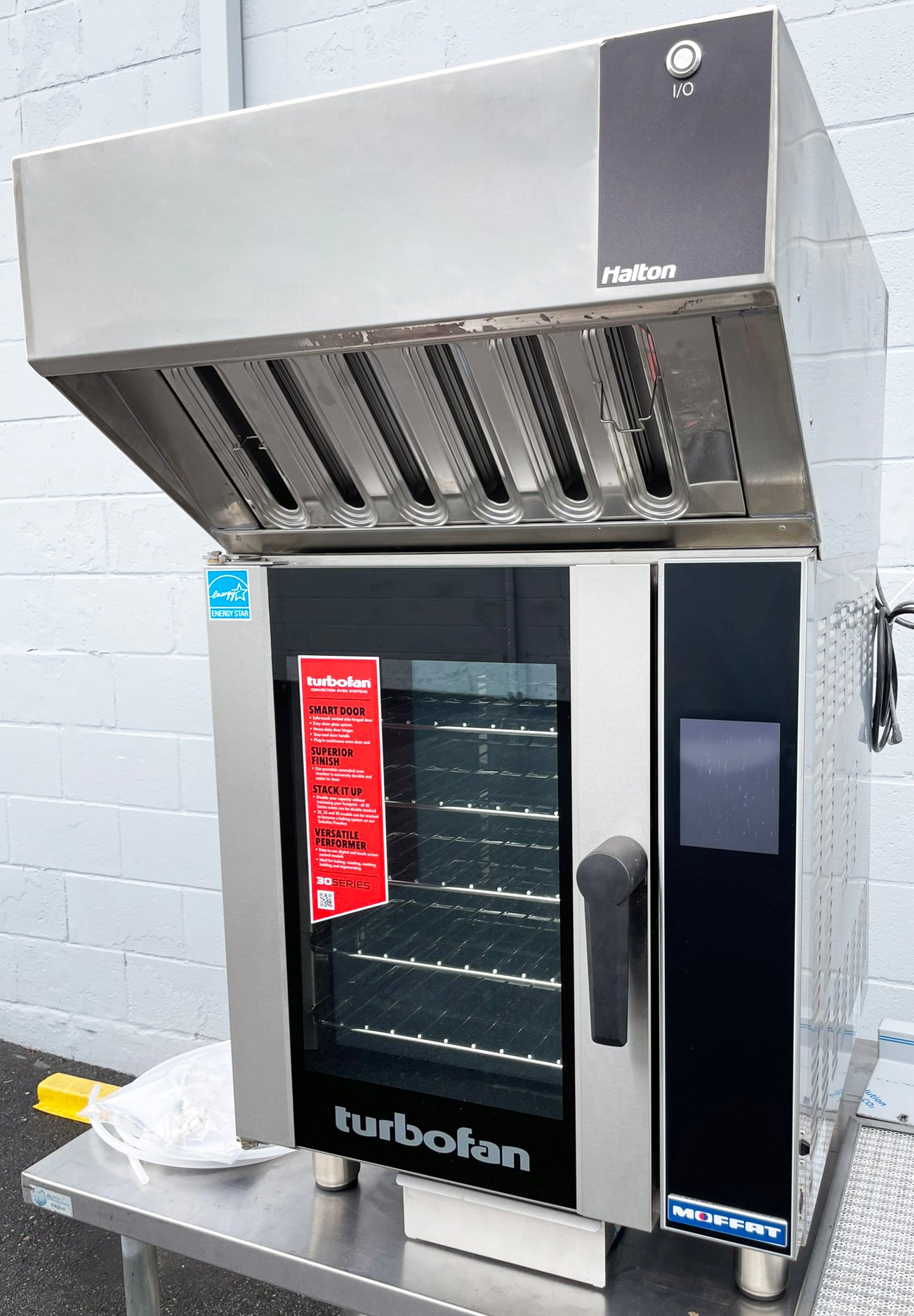 Moffat (E33T5) Single Deck Half-Size Touchscreen Electric Convection Baking Oven With Halton (VH32) Ventless Condensing Cooking Hood